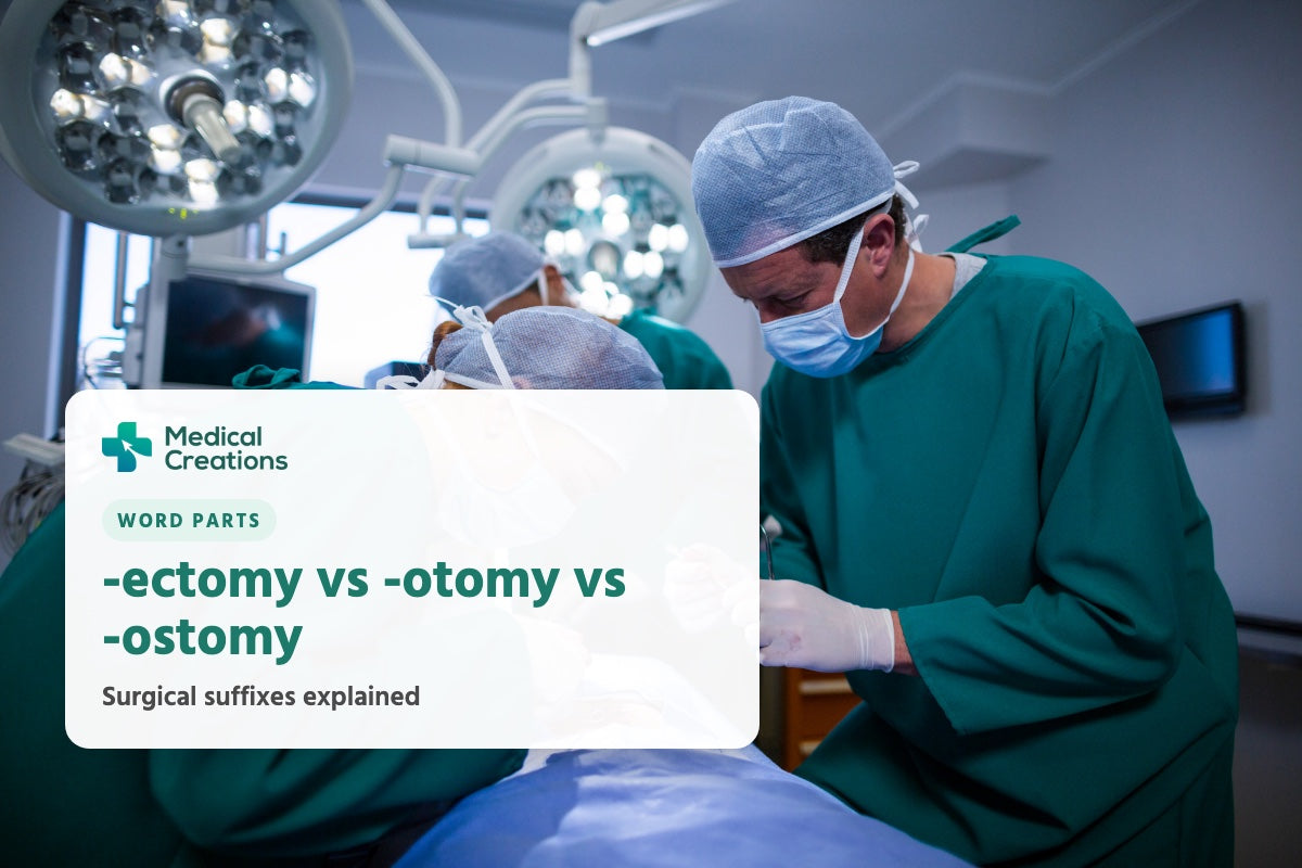 Surgical team operating in an operating room, with the title -ectomy vs -otomy vs -ostomy: surgical suffixes explained.