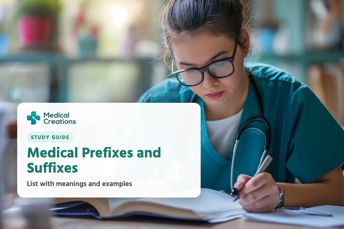 Student in scrubs writing notes from a textbook, with the title Medical Prefixes and Suffixes: list with meanings and examples.