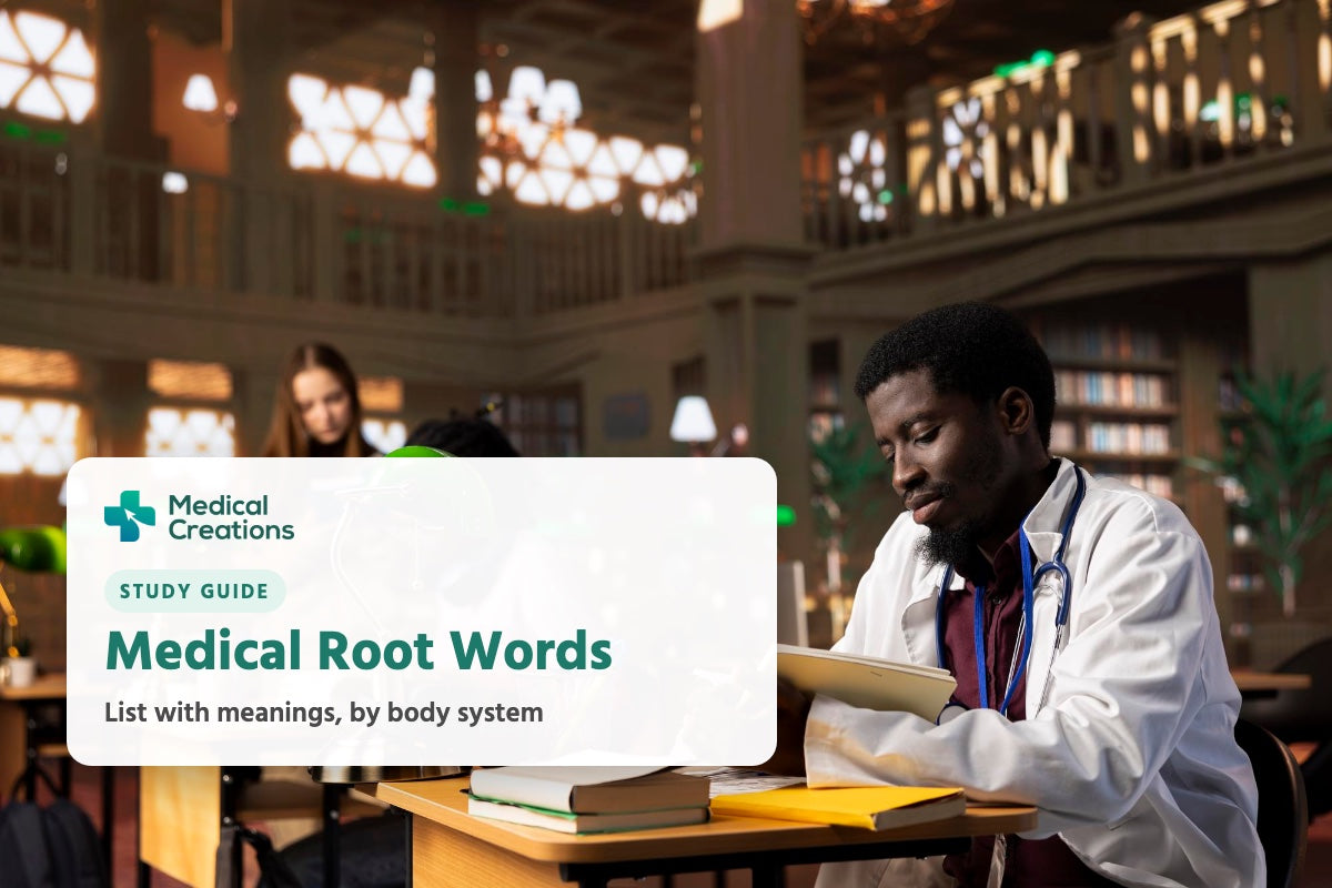 Medical student in a white coat studying at a library desk, with the title Medical Root Words: list with meanings, by body system.