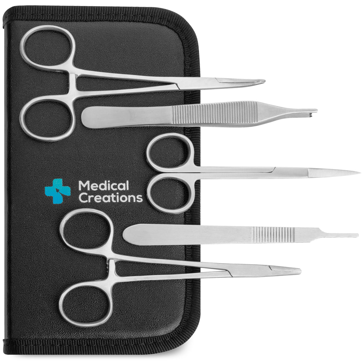 The kit's instruments in their zip case: needle holder, forceps, scissors and scalpel handle