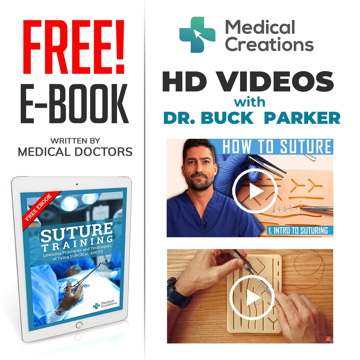 Free suturing ebook and HD video course with Dr. Buck Parker, included with the kit