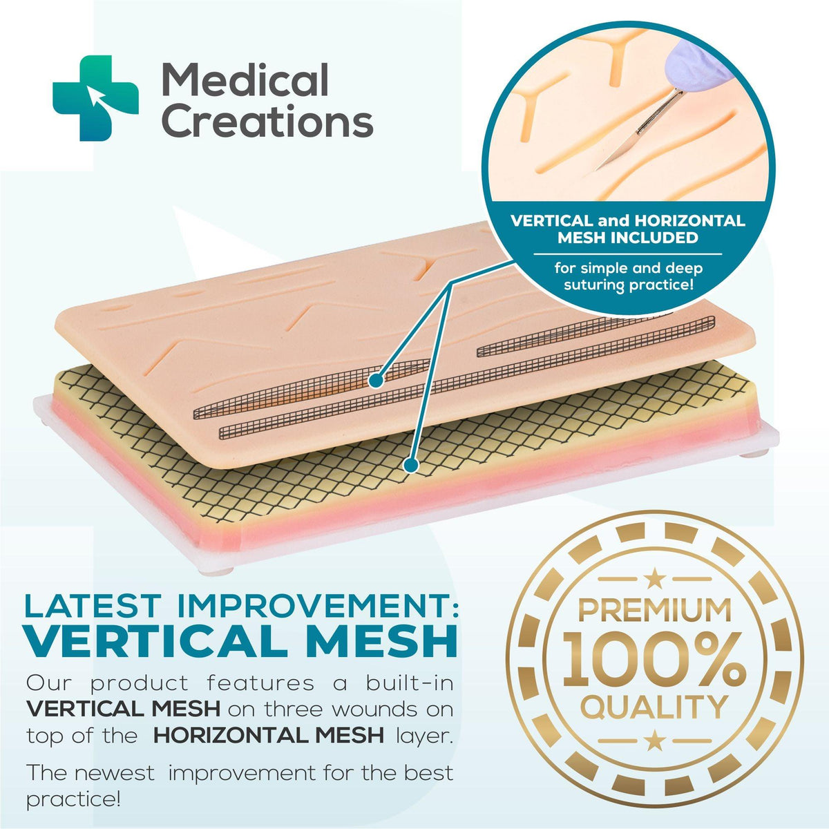 Pad de suture en silicone à trois couches avec maillage vertical et horizontal intégré